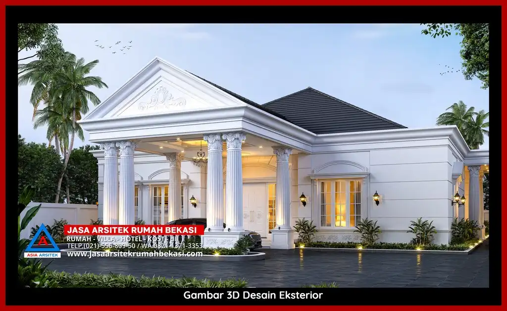 Visualisasi 3D arsitek rumah klasik bergaya Eropa di Jatimelati Bekasi dengan ornamen mewah