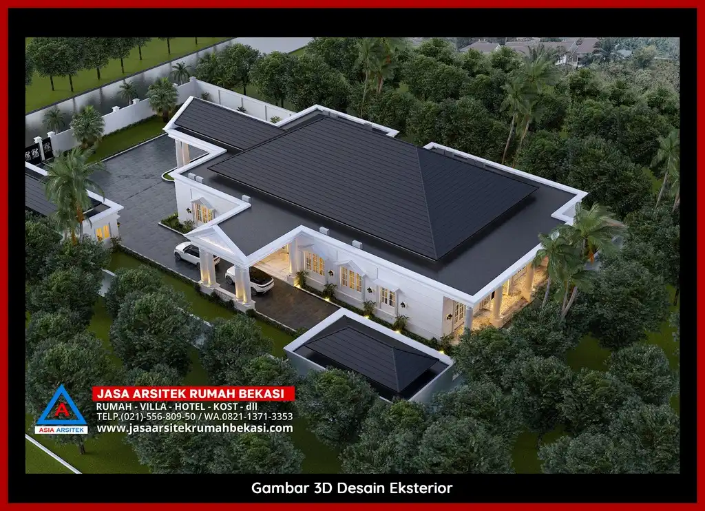 Visualisasi 3D arsitek rumah klasik bergaya Eropa di Jatimelati Bekasi dengan ornamen mewah