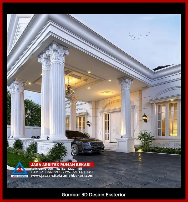 Visualisasi 3D arsitek rumah klasik bergaya Eropa di Jatimelati Bekasi dengan ornamen mewah