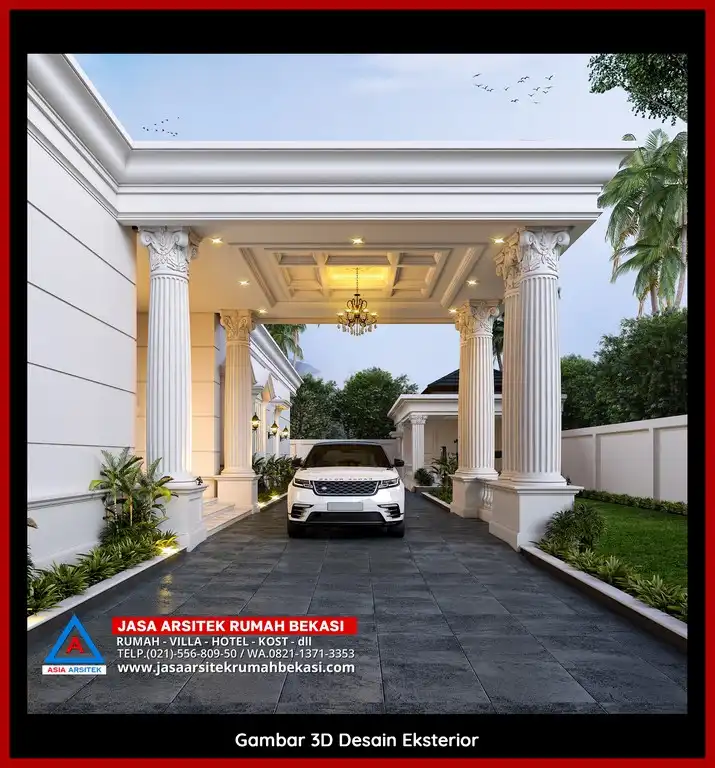 Visualisasi 3D arsitek rumah klasik bergaya Eropa di Jatimelati Bekasi dengan ornamen mewah