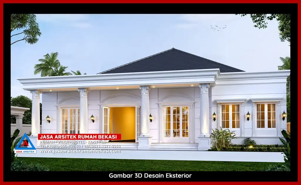 Visualisasi 3D arsitek rumah klasik bergaya Eropa di Jatimelati Bekasi dengan ornamen mewah