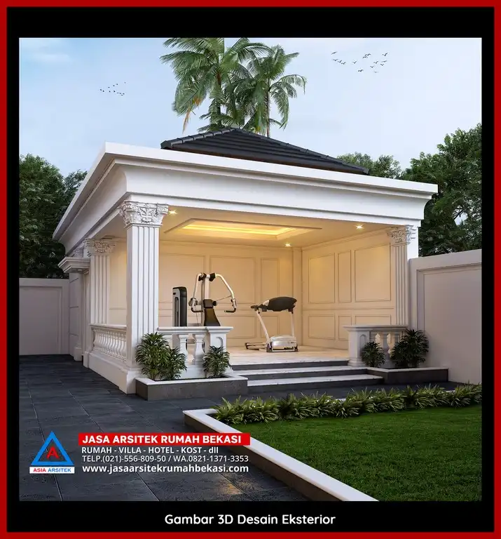 Visualisasi 3D arsitek rumah klasik bergaya Eropa di Jatimelati Bekasi dengan ornamen mewah