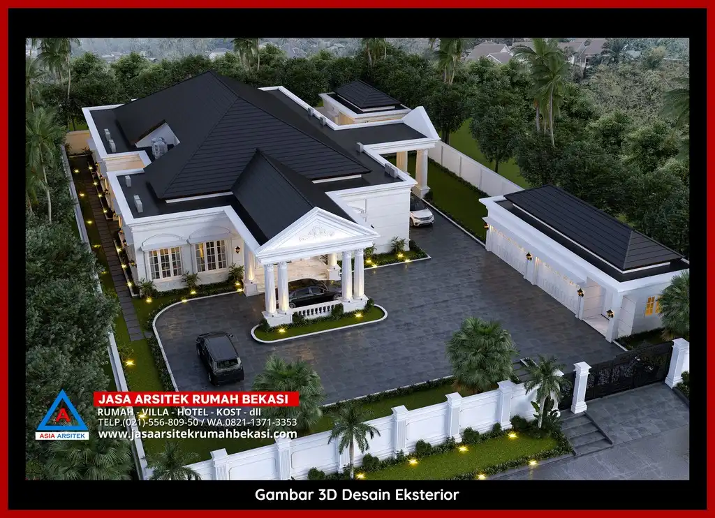 Visualisasi 3D arsitek rumah klasik bergaya Eropa di Jatimelati Bekasi dengan ornamen mewah