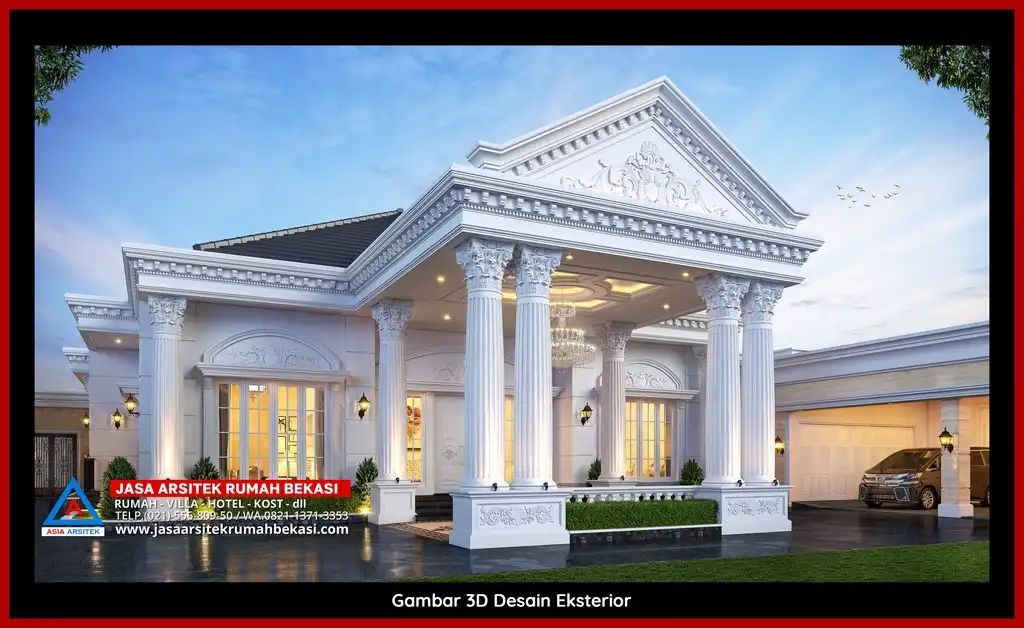 Desain Arsitek 3D fasad rumah klasik mewah di Jasa Arsitek Rumah di Jatimurni Bekasi dengan pilar megah dan detail elegan