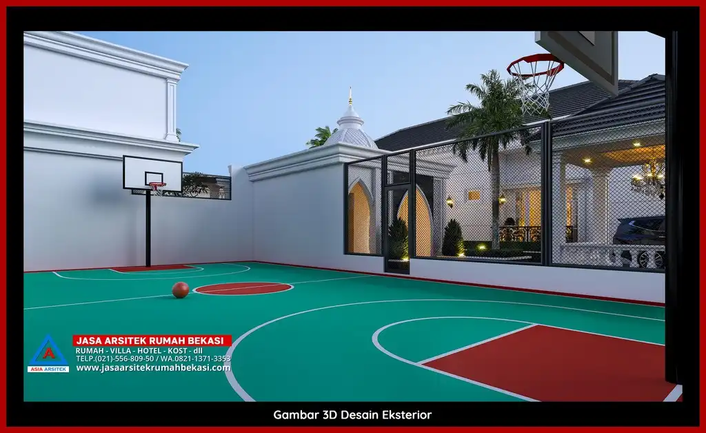 Desain Arsitek 3D fasad rumah klasik mewah di Jasa Arsitek Rumah di Jatimurni Bekasi dengan pilar megah dan detail elegan