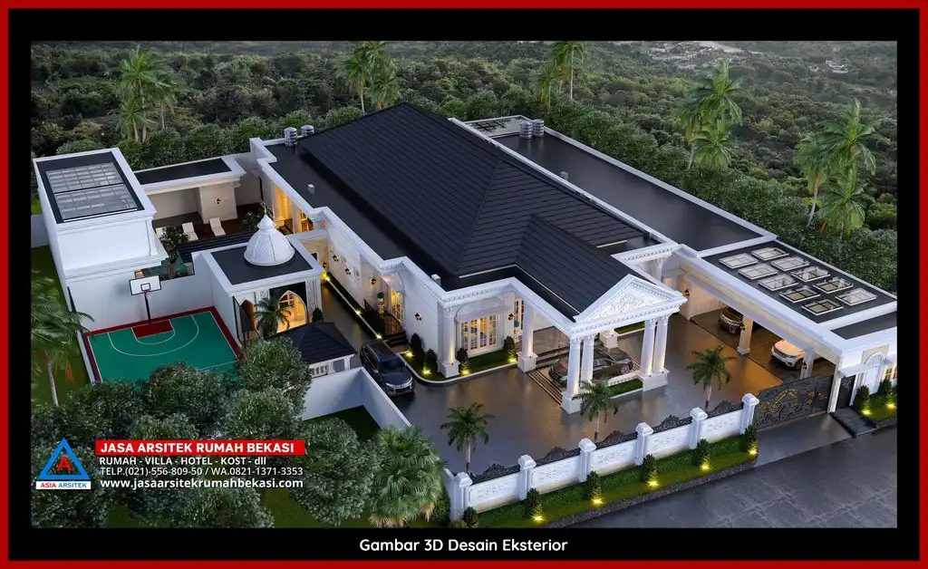 Desain Arsitek 3D fasad rumah klasik mewah di Jasa Arsitek Rumah di Jatimurni Bekasi dengan pilar megah dan detail elegan