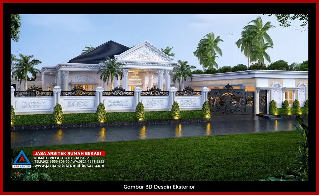 Desain Arsitek 3D fasad rumah klasik mewah di Jasa Arsitek Rumah di Jatimurni Bekasi dengan pilar megah dan detail elegan