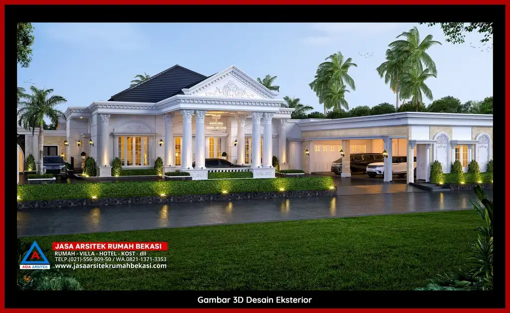 Desain Arsitek 3D fasad rumah klasik mewah di Jasa Arsitek Rumah di Jatimurni Bekasi dengan pilar megah dan detail elegan