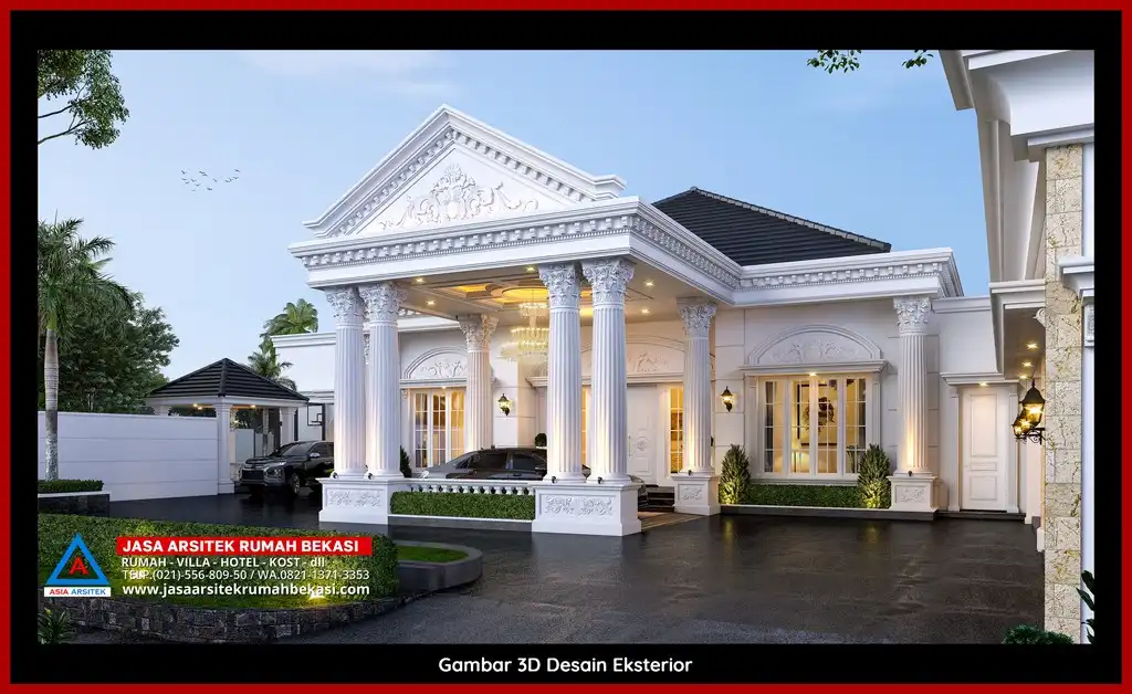 Desain Arsitek 3D fasad rumah klasik mewah di Jasa Arsitek Rumah di Jatimurni Bekasi dengan pilar megah dan detail elegan