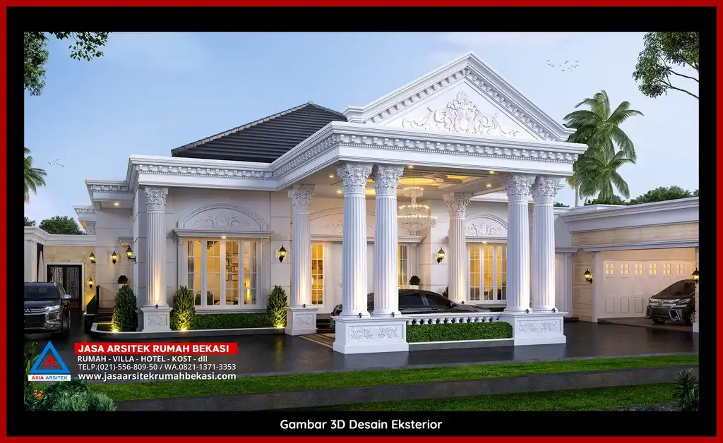 Desain Arsitek 3D fasad rumah klasik mewah di Jasa Arsitek Rumah di Jatimurni Bekasi dengan pilar megah dan detail elegan