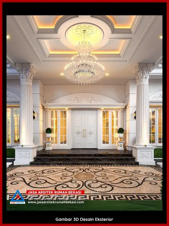 Desain Arsitek 3D fasad rumah klasik mewah di Jasa Arsitek Rumah di Jatimurni Bekasi dengan pilar megah dan detail elegan