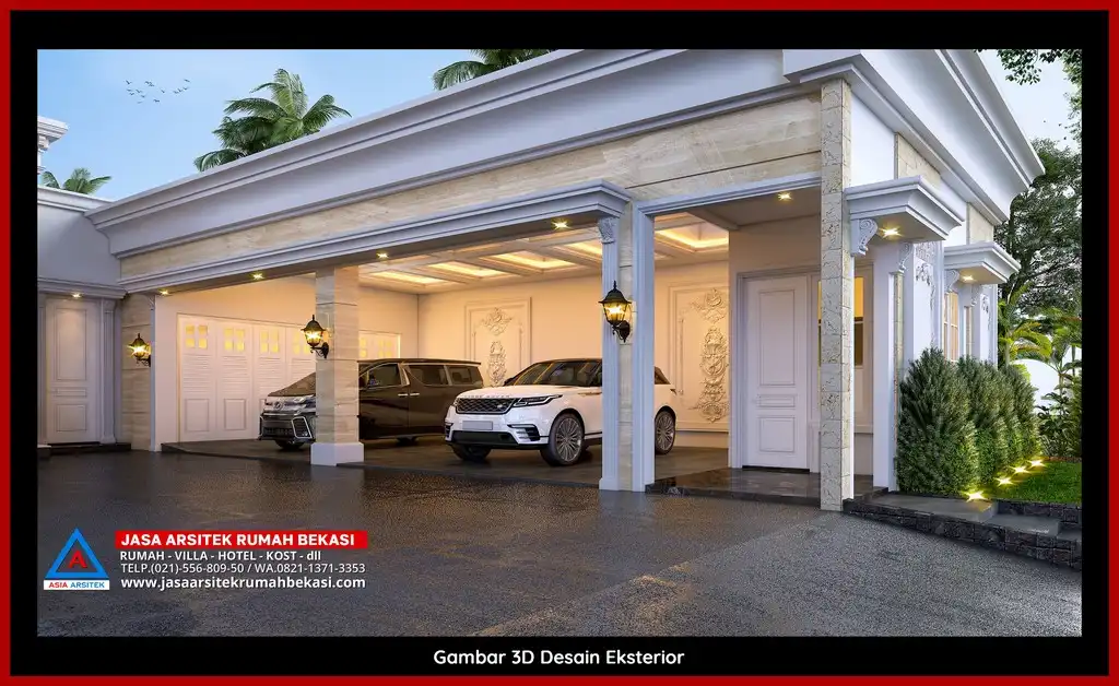 Desain Arsitek 3D fasad rumah klasik mewah di Jasa Arsitek Rumah di Jatimurni Bekasi dengan pilar megah dan detail elegan