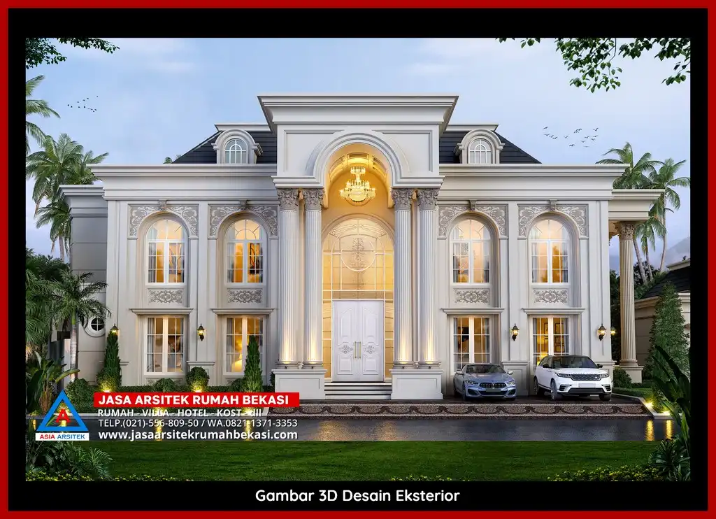 Jasa Desain Arsitek 3D fasad rumah klasik mewah di Jatiraden Bekasi dengan pilar megah dan detail elegan
