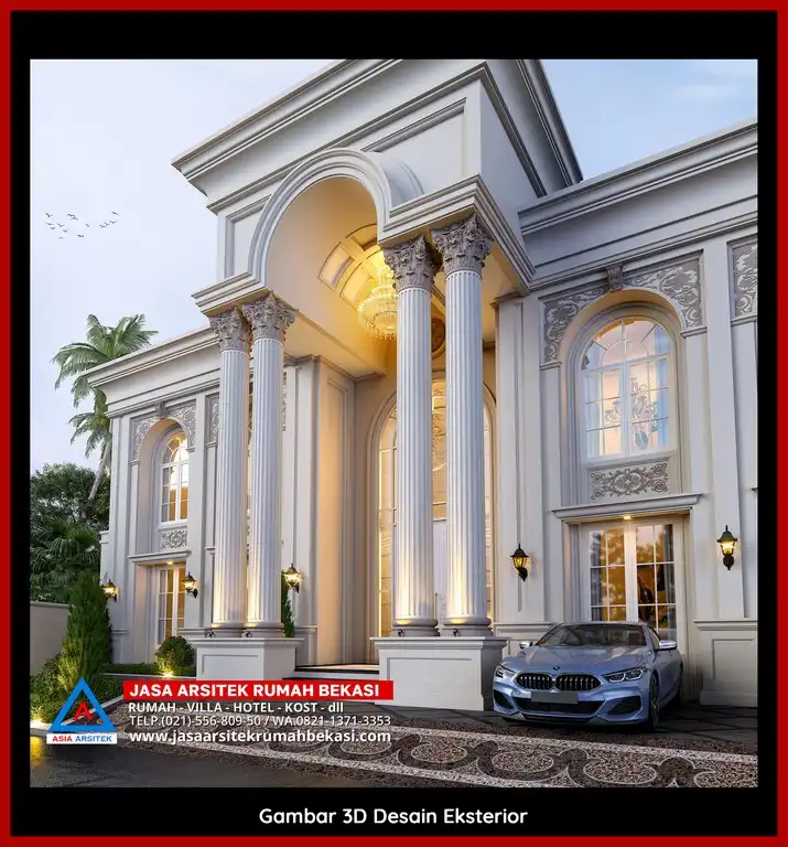 Jasa Desain Arsitek 3D fasad rumah klasik mewah di Jatiraden Bekasi dengan pilar megah dan detail elegan