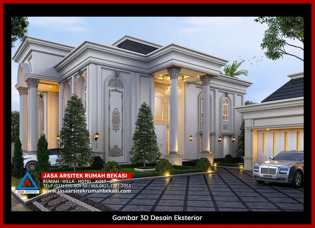 Jasa Desain Arsitek 3D fasad rumah klasik mewah di Jatiraden Bekasi dengan pilar megah dan detail elegan