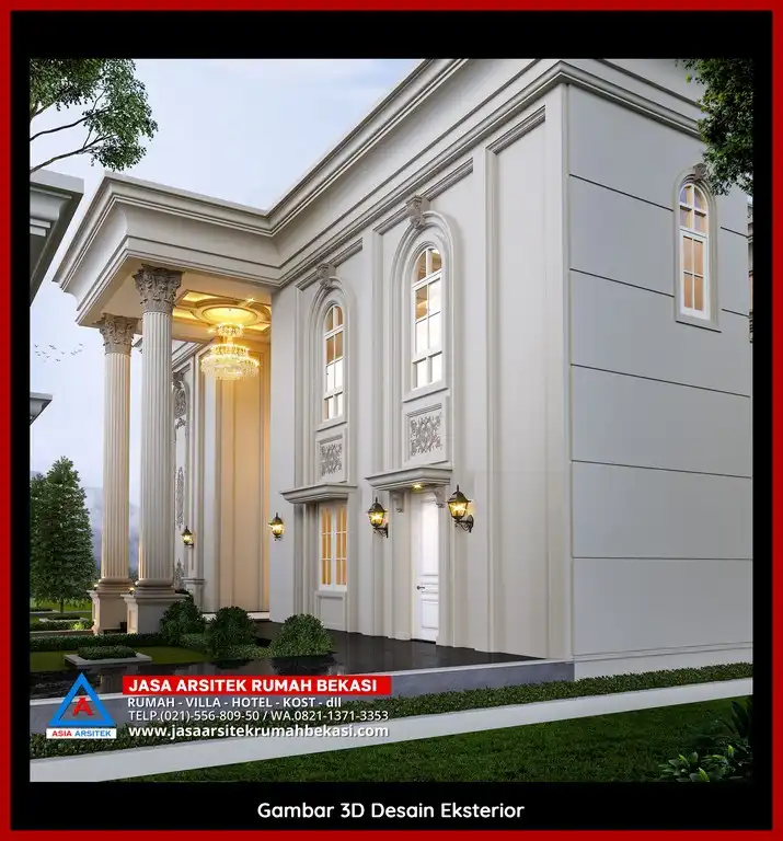 Jasa Desain Arsitek 3D fasad rumah klasik mewah di Jatiraden Bekasi dengan pilar megah dan detail elegan
