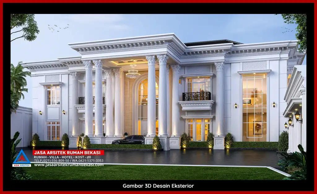 Visualisasi 3D arsitek rumah klasik bergaya Eropa di Jatirahayu Bekasi dengan ornamen mewah