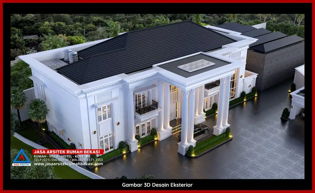 Visualisasi 3D arsitek rumah klasik bergaya Eropa di Jatirahayu Bekasi dengan ornamen mewah