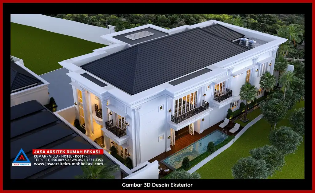 Visualisasi 3D arsitek rumah klasik bergaya Eropa di Jatirahayu Bekasi dengan ornamen mewah