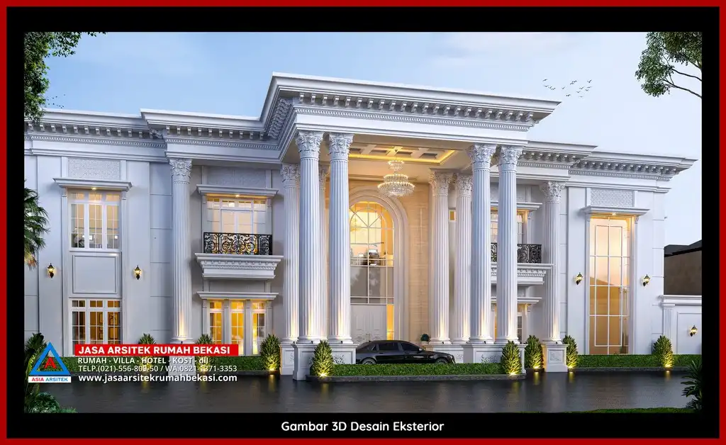 Visualisasi 3D arsitek rumah klasik bergaya Eropa di Jatirahayu Bekasi dengan ornamen mewah