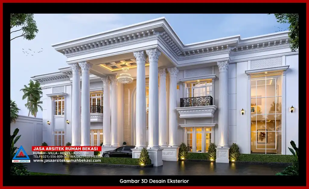 Visualisasi 3D arsitek rumah klasik bergaya Eropa di Jatirahayu Bekasi dengan ornamen mewah