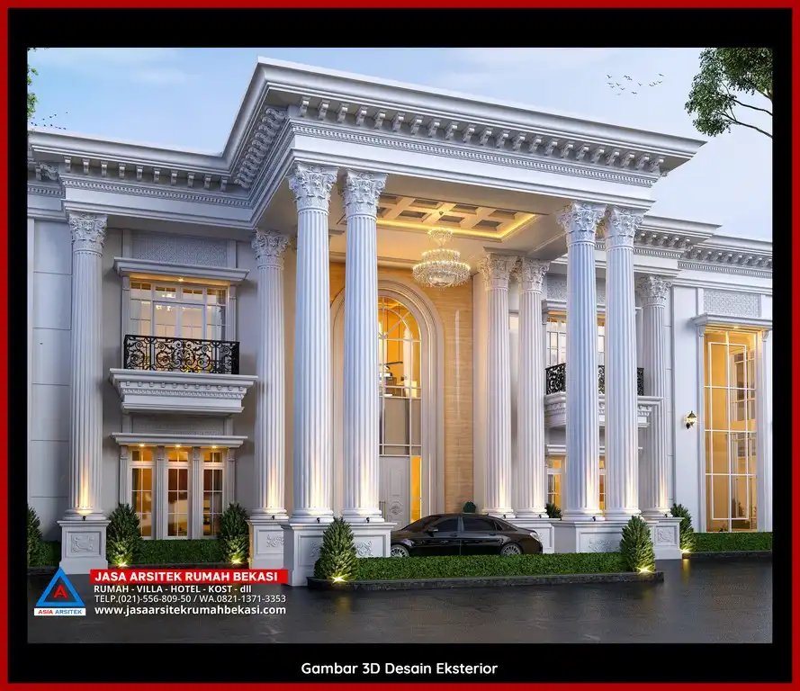 Visualisasi 3D arsitek rumah klasik bergaya Eropa di Jatirahayu Bekasi dengan ornamen mewah