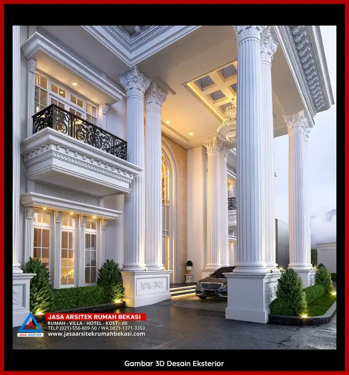 Visualisasi 3D arsitek rumah klasik bergaya Eropa di Jatirahayu Bekasi dengan ornamen mewah