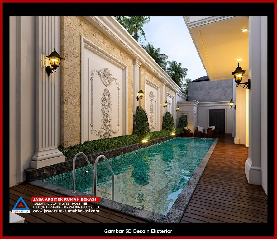 Visualisasi 3D arsitek rumah klasik bergaya Eropa di Jatirahayu Bekasi dengan ornamen mewah