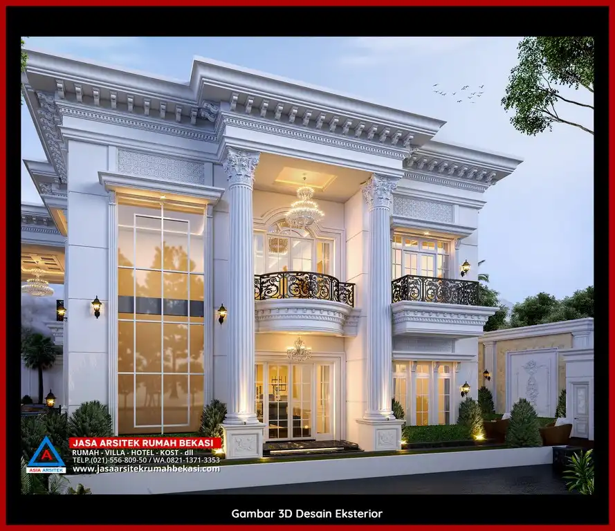 Visualisasi 3D arsitek rumah klasik bergaya Eropa di Jatirahayu Bekasi dengan ornamen mewah