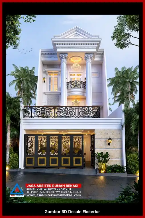Desain Arsitek 3D rumah klasik 2 lantai di Jatirangga Bekasi dengan nuansa mewah dan timeless