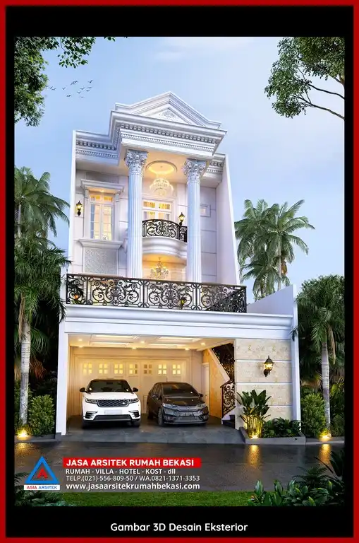 Desain Arsitek 3D rumah klasik 2 lantai di Jatirangga Bekasi dengan nuansa mewah dan timeless