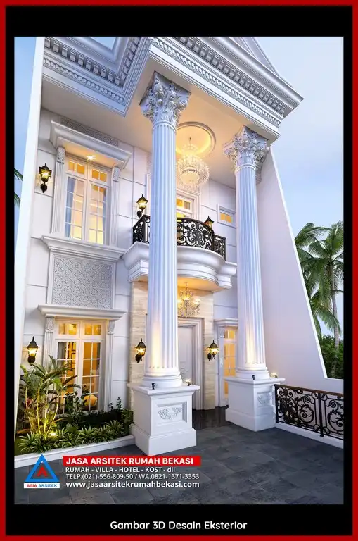 Desain Arsitek 3D rumah klasik 2 lantai di Jatirangga Bekasi dengan nuansa mewah dan timeless