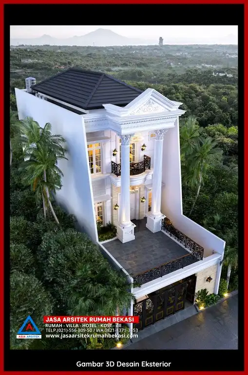 Desain Arsitek 3D rumah klasik 2 lantai di Jatirangga Bekasi dengan nuansa mewah dan timeless