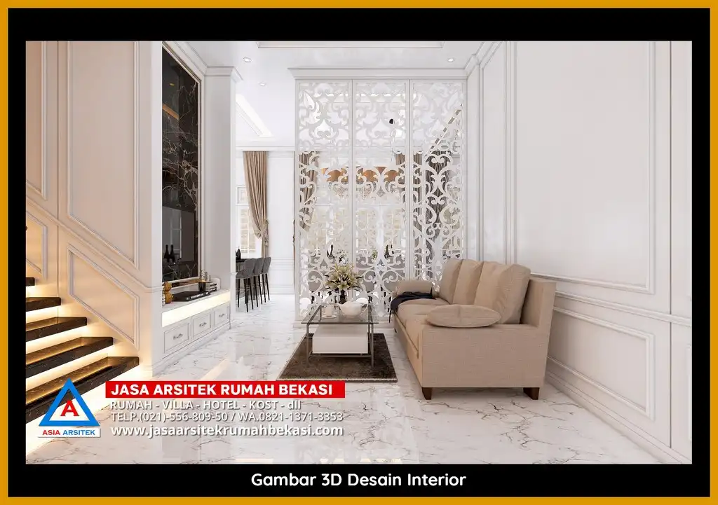 Desain Arsitek 3D rumah klasik 2 lantai di Jatirangga Bekasi dengan nuansa mewah dan timeless