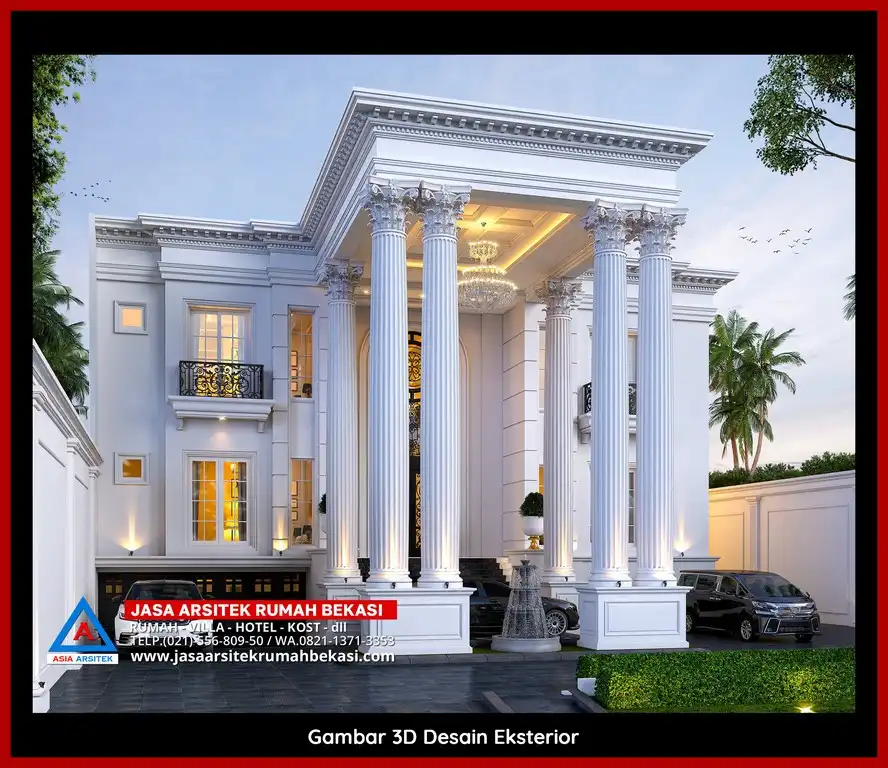 Desain arsitek rumah klasik mewah dengan taman luas dan lanskap indah di Jatiranggon Bekasi