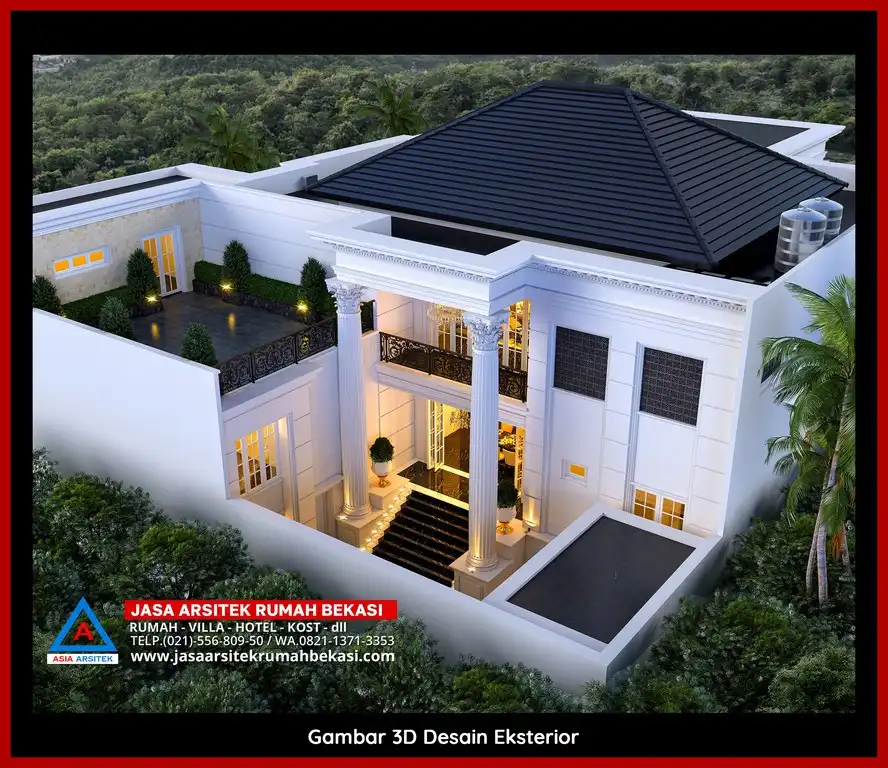 Desain arsitek rumah klasik mewah dengan taman luas dan lanskap indah di Jatiranggon Bekasi