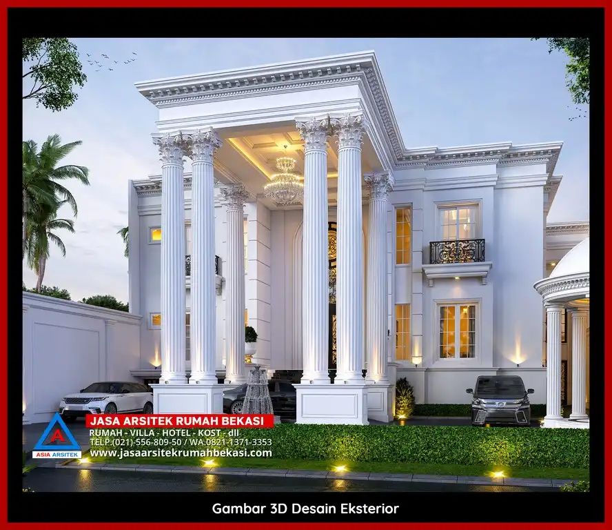 Desain arsitek rumah klasik mewah dengan taman luas dan lanskap indah di Jatiranggon Bekasi