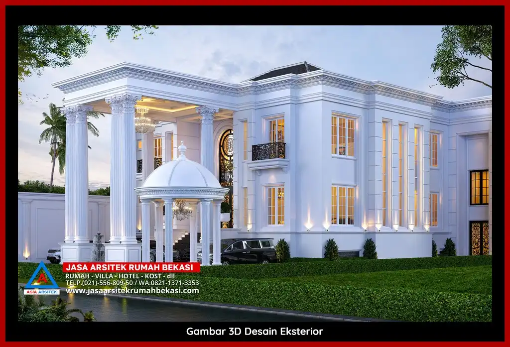 Desain arsitek rumah klasik mewah dengan taman luas dan lanskap indah di Jatiranggon Bekasi