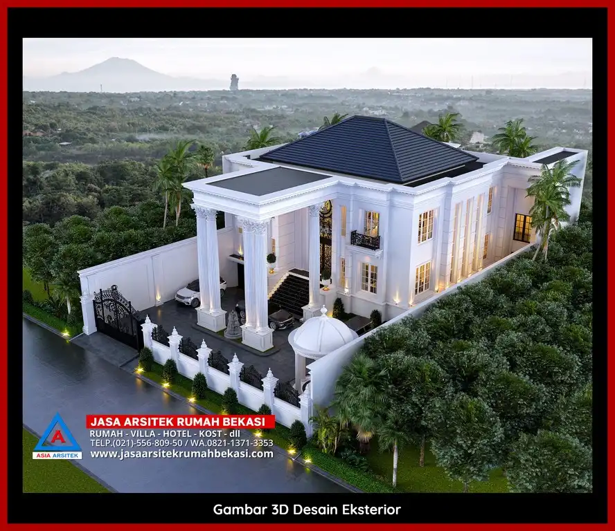 Desain arsitek rumah klasik mewah dengan taman luas dan lanskap indah di Jatiranggon Bekasi