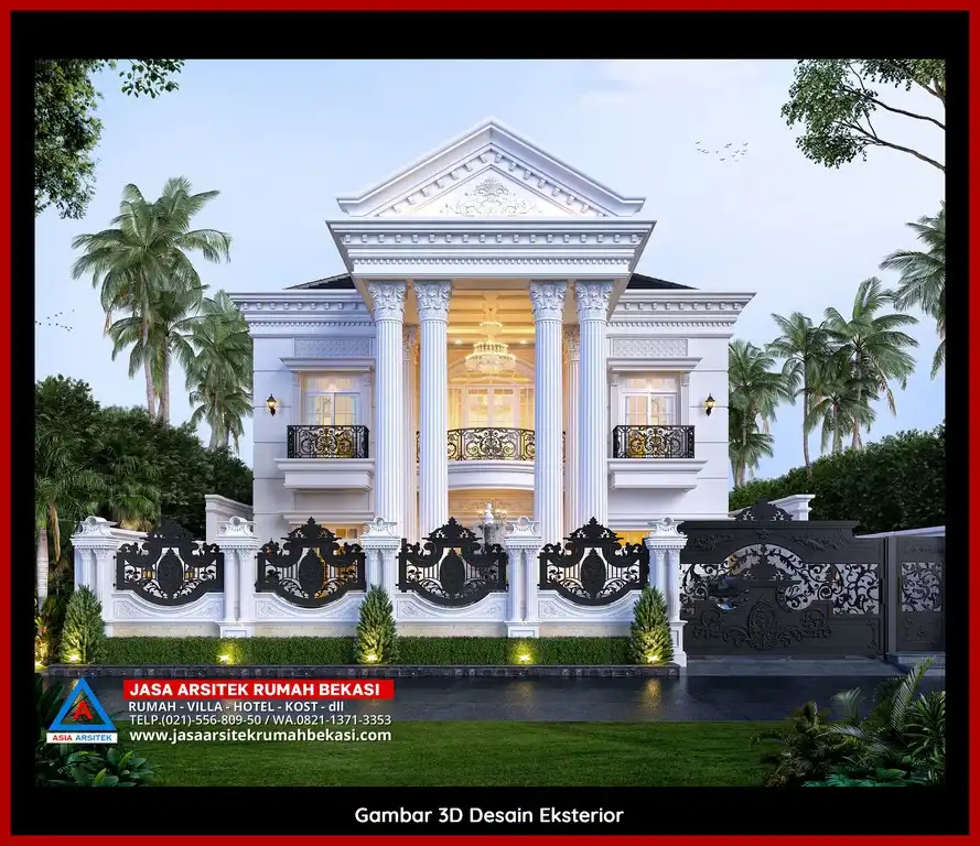 Jasa Desain Arsitek 3D fasad rumah klasik mewah di Jatirasa Bekasi dengan pilar megah dan detail elegan