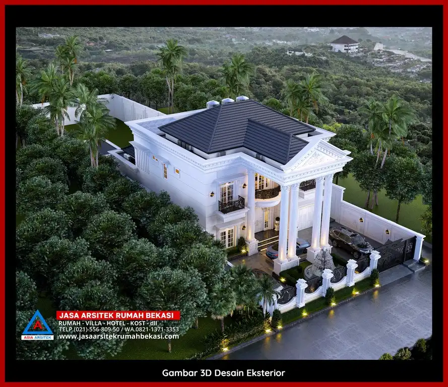 Jasa Desain Arsitek 3D fasad rumah klasik mewah di Jatirasa Bekasi dengan pilar megah dan detail elegan