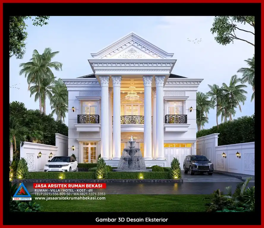 Jasa Desain Arsitek 3D fasad rumah klasik mewah di Jatirasa Bekasi dengan pilar megah dan detail elegan