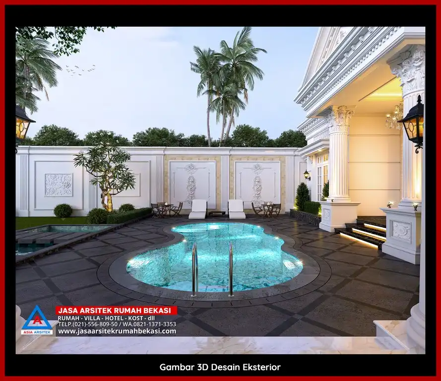 Jasa Desain Arsitek 3D fasad rumah klasik mewah di Jatirasa Bekasi dengan pilar megah dan detail elegan