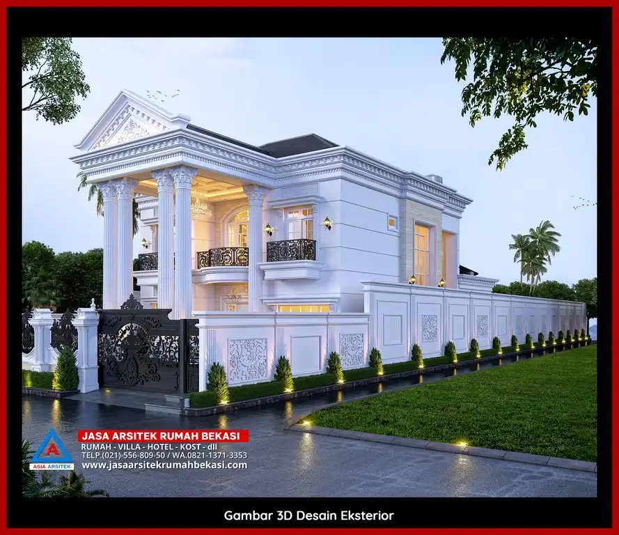 Jasa Desain Arsitek 3D fasad rumah klasik mewah di Jatirasa Bekasi dengan pilar megah dan detail elegan