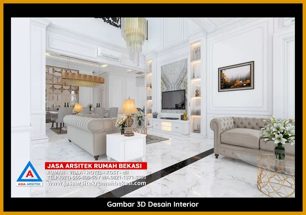 Jasa Desain Arsitek 3D fasad rumah klasik mewah di Jatirasa Bekasi dengan pilar megah dan detail elegan