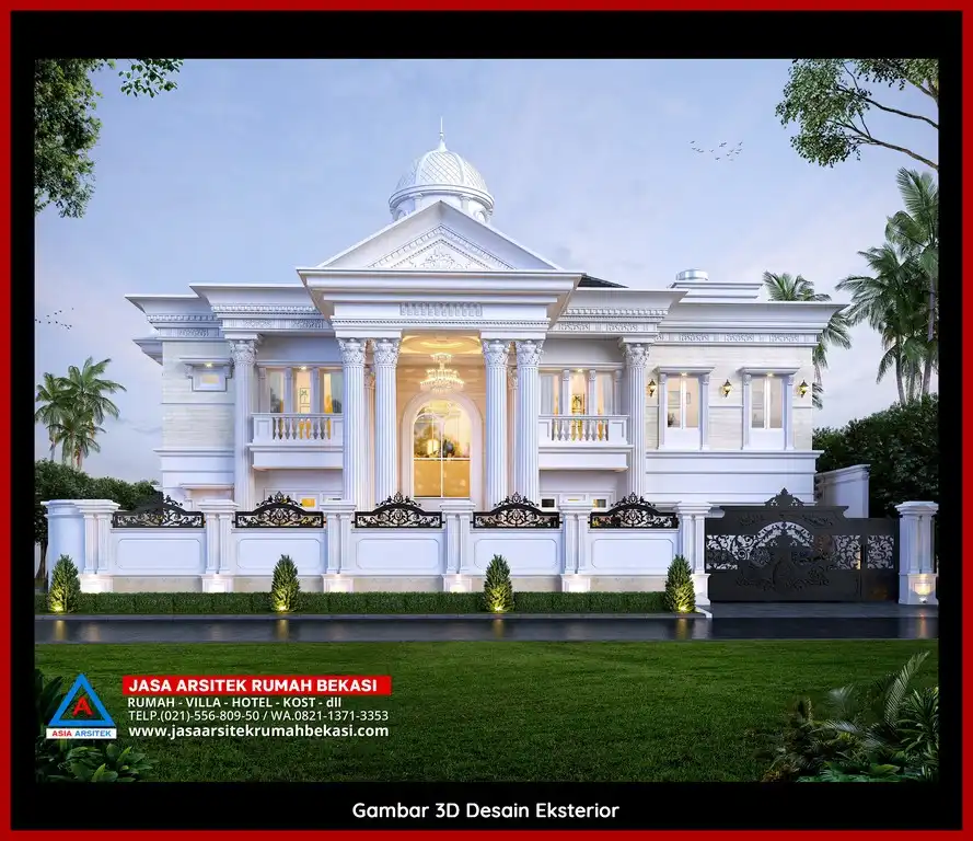 Visualisasi 3D arsitek rumah klasik bergaya Eropa di Jatisari Bekasi dengan ornamen mewah
