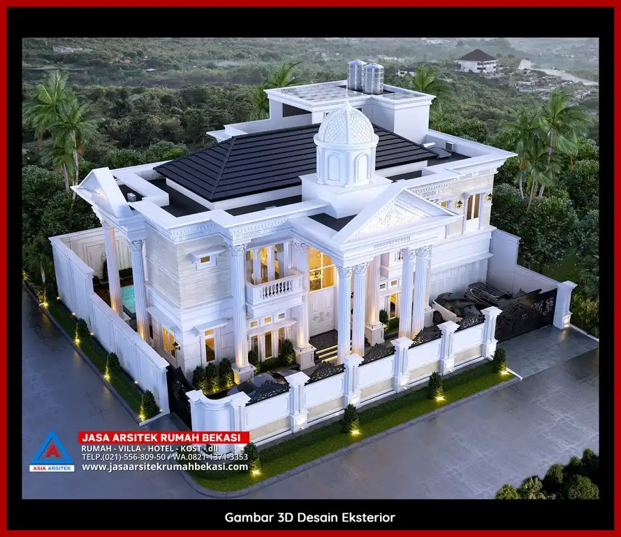 Visualisasi 3D arsitek rumah klasik bergaya Eropa di Jatisari Bekasi dengan ornamen mewah