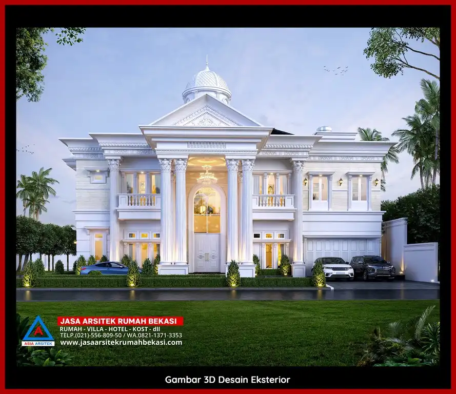 Visualisasi 3D arsitek rumah klasik bergaya Eropa di Jatisari Bekasi dengan ornamen mewah