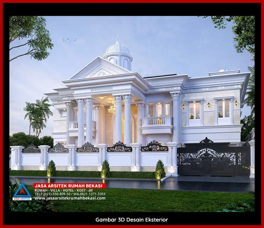 Visualisasi 3D arsitek rumah klasik bergaya Eropa di Jatisari Bekasi dengan ornamen mewah