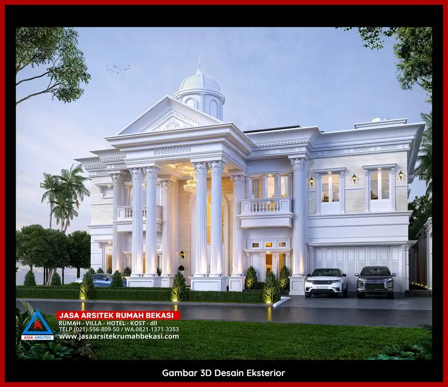 Visualisasi 3D arsitek rumah klasik bergaya Eropa di Jatisari Bekasi dengan ornamen mewah